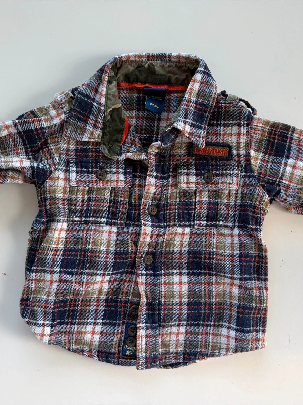 OshKosh Plaid Flannel Button-Down Shirt in Navy, Orange & White